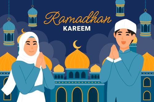 وکتور لایه باز EPS و Ai ویژه ماه مبارک رمضان شامل طرح گرافیکی مرد و زنی در حال دعا روبروی مسجد