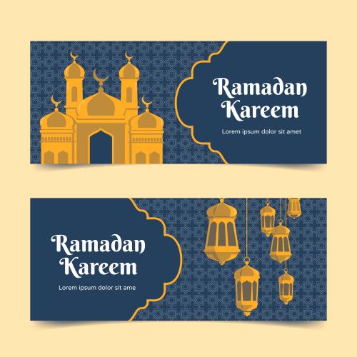 وکتور رایگان لایه باز EPS و Ai ویژه ماه مبارک رمضان شامل طرح گرافیکی مسجد و فانوس دارای حاشیه مذهبی مناسب بنر وبسایت یا پوستر افقی