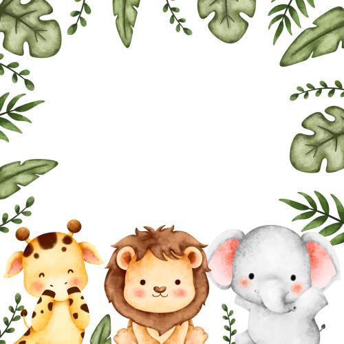 وکتور رایگان آبرنگی و کارتونی فیل و زرافه و شیر در جنگل فایل EPS