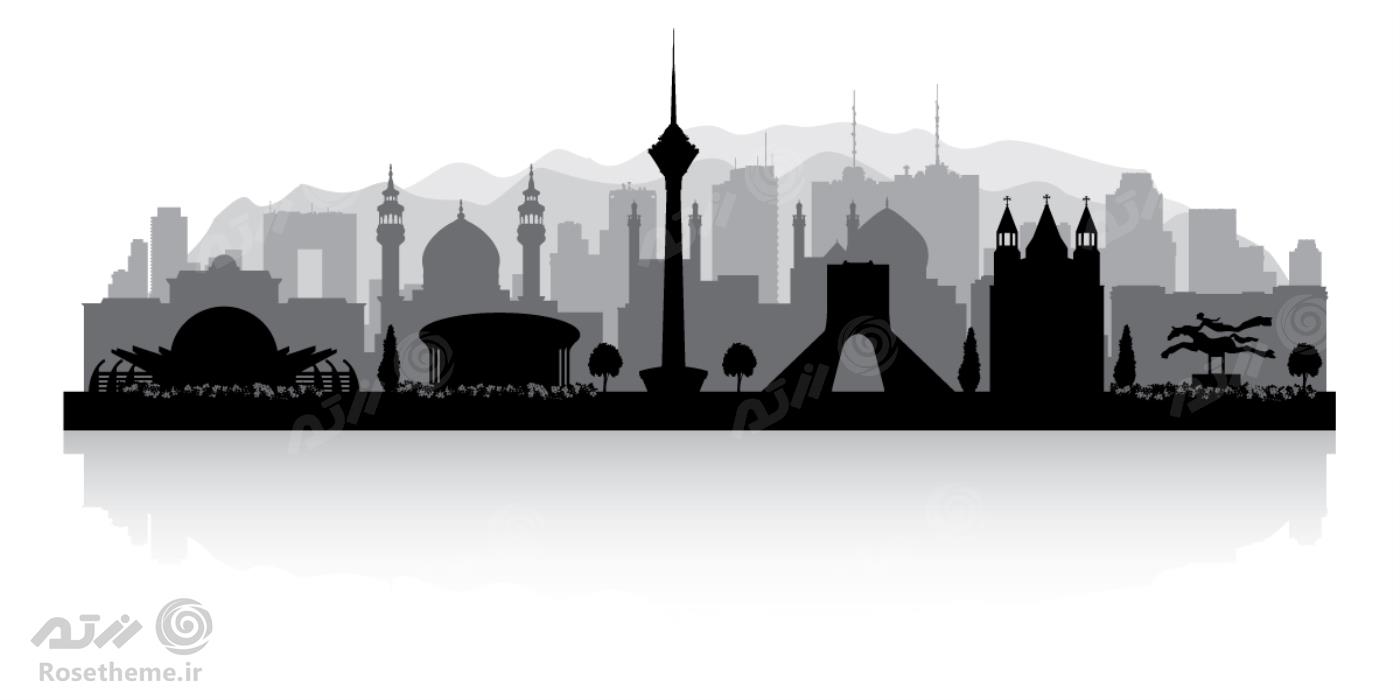 وکتور لایه باز نمای دور شهر تهران شامل نماد های شهر تهران و ساختمان های معروف تهران برج میلاد و میدان آزادی مسجد و ساختمان ها فایل EPS