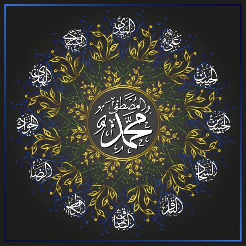 وکتور تایپوگرافی و خطاطی نام مبارک دوازده امام شیعیان به همراه نام مبارک حضرت محمد صلی الله علیه و آله فایل EPS قابل جداسازی از زمینه