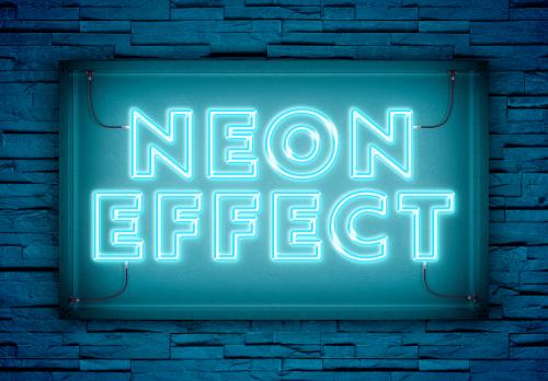 موکاپ متن نئونی آبی روشن با زمینه آبی با قابلیت جایگزینی متن فایل PSD لایه باز با لایه بندی حرفه ای