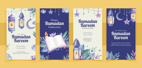 وکتور رایگان لایه باز EPS و Ai قالب استوری اینستاگرام ویژه ماه مبارک رمضان شامل فانوس رنگی و قرآن کریم