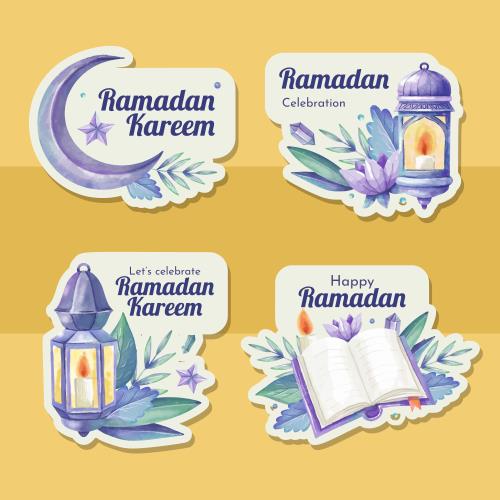 وکتور رایگان لایه باز EPS و Ai ویژه ماه مبارک رمضان شامل برچسب (استیکر) فانوس و قرآن کریم و ماه