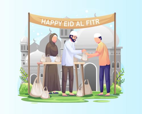 وکتور لایه باز EPS کارتونی ویژه عید فطر و ماه مبارک رمضان شامل مرد و زنی در حال خرید