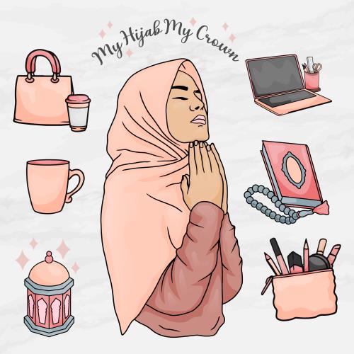 وکتور رایگان دختر به همراه شال صورتی و لوازم آرایش و قرآن و تسبیح و کیف و ماگ