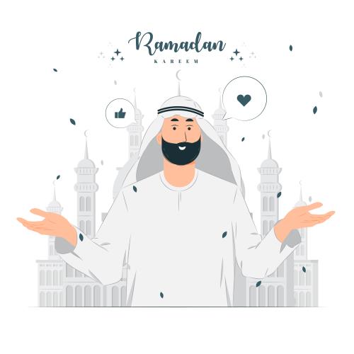 وکتور لایه باز EPS کارتونی ویژه ماه مبارک رمضان شامل مردی عرب در حال دعا