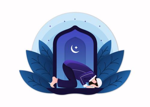 وکتور رایگان لایه باز EPS کارتونی ویژه ماه مبارک رمضان شامل مردی در حال خواندن نماز