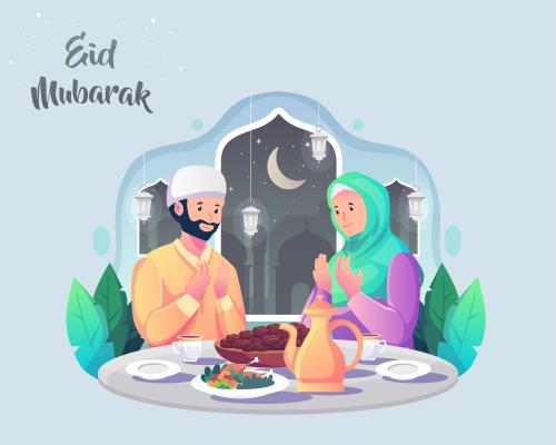 وکتور لایه باز EPS ویژه عید فطر و ماه مبارک رمضان شامل خانواده ای در حال افطار