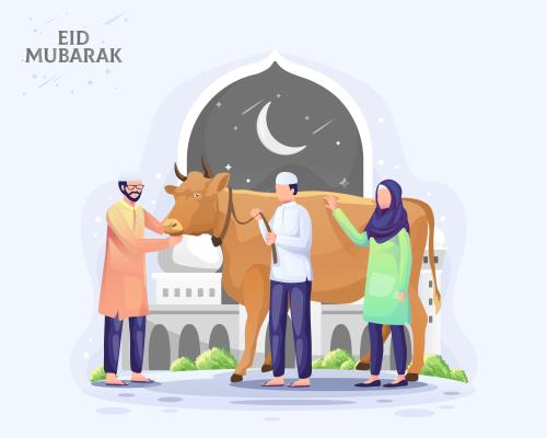 وکتور لایه باز EPS ویژه عید فطر و ماه مبارک رمضان شامل دو مرد و یک زن در حال گفتگو