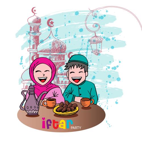 وکتور لایه باز EPS ویژه ماه مبارک رمضان شامل دختر و پسر خوشحال در حال خوردن افطاری