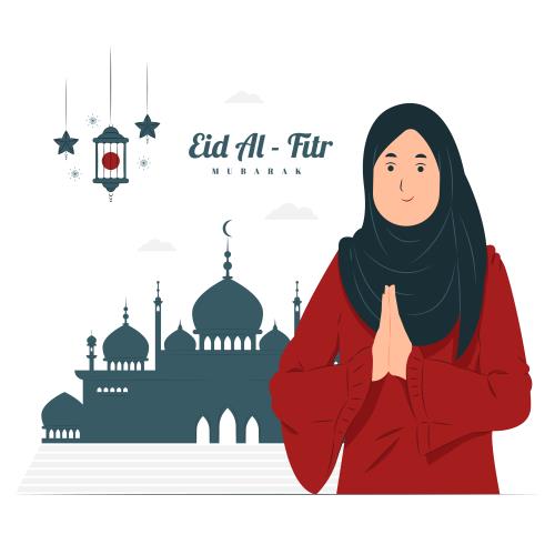 وکتور لایه باز EPS کارتونی ویژه عید فطر و ماه مبارک رمضان شامل زنی با حجاب اسلامی در حال دعا کردن