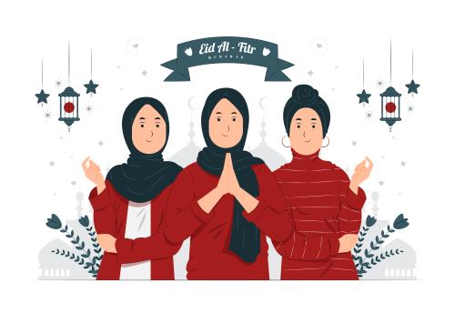 وکتور رایگان لایه باز EPS کارتونی ویژه عید فطر و ماه مبارک رمضان شامل زنانی با حجاب اسلامی در حال دعا کردن