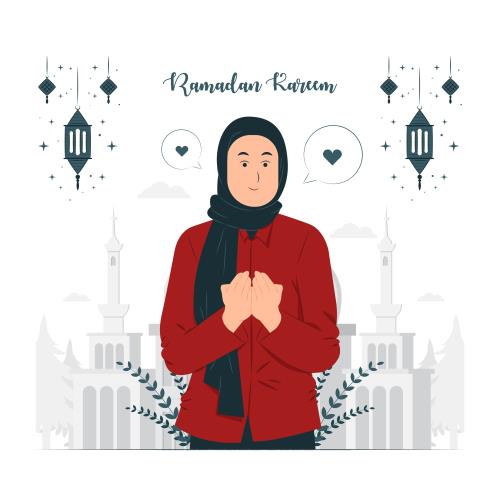 وکتور لایه باز EPS کارتونی ماه مبارک رمضان شامل زنی با حجاب اسلامی در حال دعا کردن و فانوس کد 4