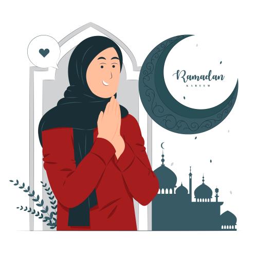 وکتور لایه باز EPS کارتونی ماه مبارک رمضان شامل زنی با حجاب اسلامی در حال دعا کردن و فانوس کد 6