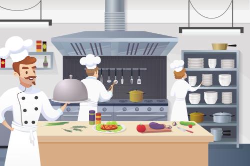 وکتور رایگان آشپز درحال پختن و طبخ غذا در آپشزخانه به همراه ظروف و بشقاب ها و میوه و چاقو و چنگال و قاشق فایل EPS لایه باز