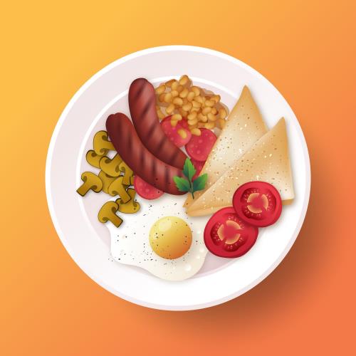 وکتور رایگان بشقاب صبحانه انگلیسی شامل نیمرو تخم مرغ و قارچ سرخ کرده و لوبیا و گوجه فرنگی سوسیس و نان فایل EPS و Ai لایه باز