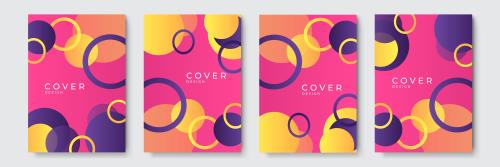 وکتور EPS لایه باز بنر انتزاعی عمودی با تم دایره های بنفش و زرد با پس زمینه صورتی