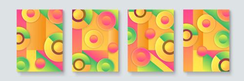 وکتور EPS لایه باز بنر انتزاعی عمودی اشکال هندسی با تم سبز و زرد و نارنجی و صورتی