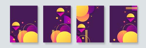 وکتور EPS لایه باز بنر انتزاعی عمودی با تم نارنجی و دایره های زرد با پس زمینه بنفش