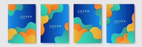 وکتور EPS لایه باز بنر انتزاعی عمودی با تم لایه ای سبز و نارنجی و زرد با پس زمینه آبی