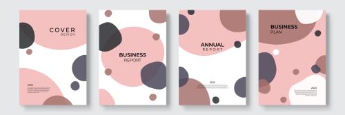 وکتور EPS لایه باز بنر انتزاعی عمودی با تم دایره های نامنظم صورتی چرک و خاکستری با پس زمینه سفید