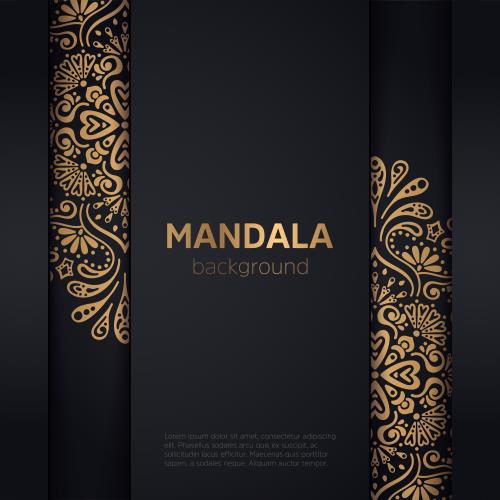 وکتور EPS لایه باز پس زمینه ماندالا و جا برای نوشتن با تم مشکی و طلایی