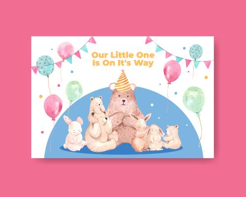 وکتور رایگان لایه باز EPS طرح کارتونی و آبرنگی مناسب کارت دعوت جشن سیسمونی شامل خرس و خرگوش و بادکنک