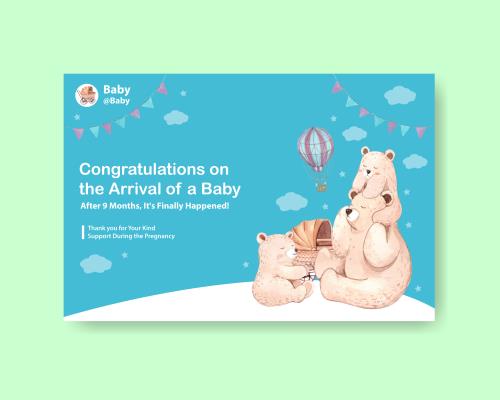 وکتور لایه باز EPS طرح کارتونی و آبرنگی مناسب کارت دعوت جشن سیسمونی شامل خرس و کالاسکه و بالن