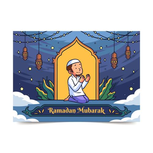 وکتور رایگان لایه باز EPS و Ai کارتونی ماه مبارک رمضان شامل مردی در حال نماز خواندن و دعا کردن