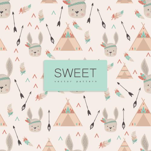 وکتور رایگان لایه باز EPS پترن طرح کارتونی و آبرنگی خرگوش و چادر سرخ پوستی