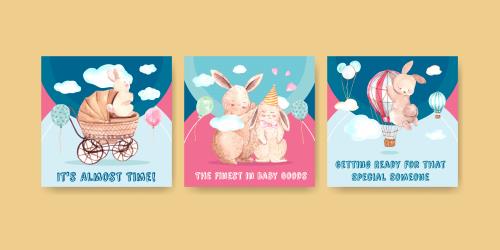 وکتور رایگان لایه باز EPS طرح کارتونی و آبرنگی مناسب کارت دعوت جشن سیسمونی شامل خرگوش و بالن