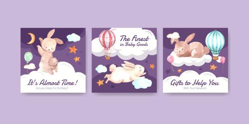 وکتور لایه باز EPS طرح کارتونی و آبرنگی مناسب کارت دعوت جشن سیسمونی شامل خرگوش و بالن کد 2