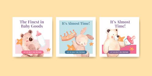 وکتور لایه باز EPS طرح کارتونی و آبرنگی مناسب کارت دعوت جشن سیسمونی شامل خرگوش و خرس و شیشه شیر