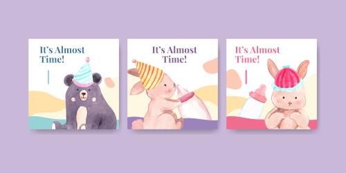 وکتور لایه باز EPS طرح کارتونی و آبرنگی مناسب کارت دعوت جشن سیسمونی شامل خرگوش و خرس و شیشه شیر کد 2