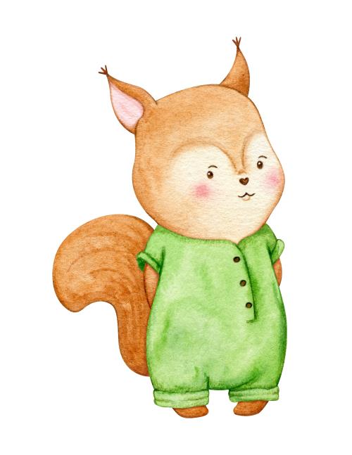 وکتور لایه باز EPS طرح کارتونی و آبرنگی سنجاب با لباس سبز