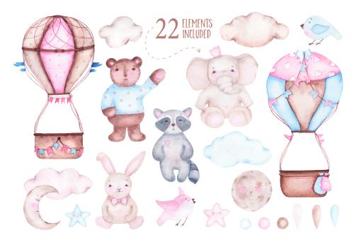 وکتور رایگان لایه باز EPS طرح کارتونی و آبرنگی خرس و فیل و راکون و خرگوش و بالن