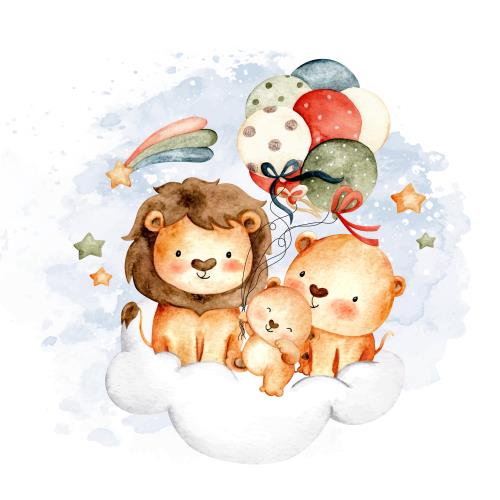 وکتور لایه باز EPS طرح کارتونی و آبرنگی شیر و خانواده اش روی ابر 