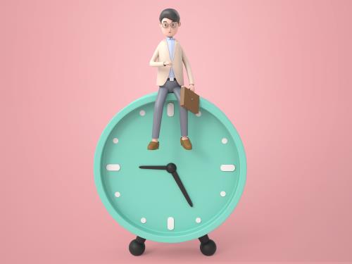 فایل PSD فتوشاپ کاراکتر سه بعدی مردی نشسته بر یک ساعت بزرگ به صورت لایه باز