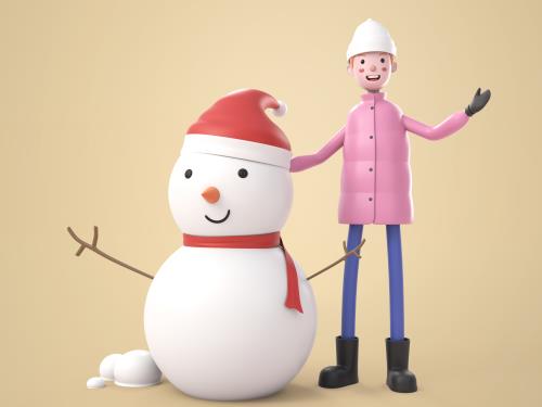 فایل PSD فتوشاپ کاراکتر سه بعدی مردی در کنار آدم برفی به صورت لایه باز