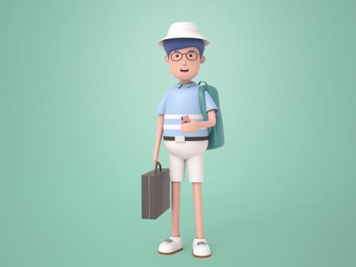 فایل PSD فتوشاپ کاراکتر سه بعدی مردی عینکی با کلاه و کیف به صورت لایه باز