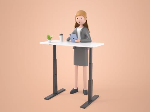 فایل PSD فتوشاپ کاراکتر سه بعدی زنی پشت میز در حال کار کردن با گوشی به صورت لایه باز