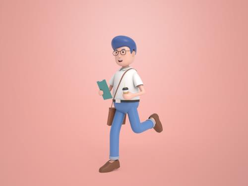 فایل PSD فتوشاپ کاراکتر سه بعدی مردی عینکی با کیف در حال دویدن به صورت لایه باز
