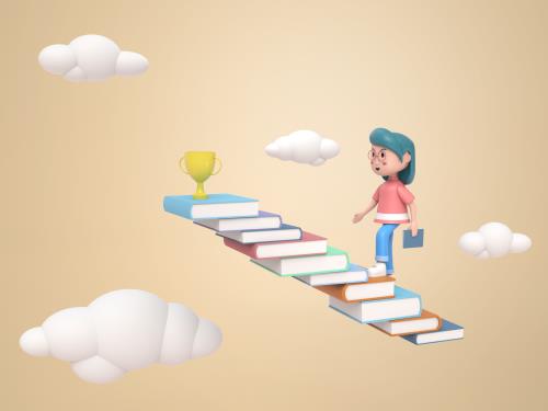 فایل PSD فتوشاپ کاراکتر سه بعدی دختری در حال بالا رفتن ار پله هایی شبیه به کتاب به صورت لایه باز