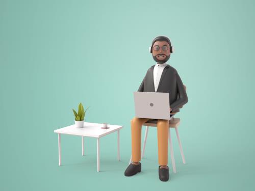 فایل PSD فتوشاپ کاراکتر سه بعدی مرد سیاه پوست عینکی در حال کار با لپتاپ به صورت لایه باز