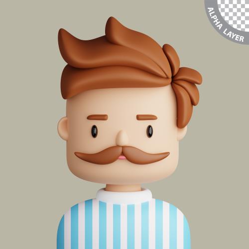 فایل PSD فتوشاپ کاراکتر سه بعدی مردی با سبیل و پیراهن راه راه آبی و سفید به صورت لایه باز