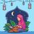 وکتور لایه باز EPS و Ai کارتونی ماه مبارک رمضان شامل زنی در حال قرآن خواندن و دعا کردن 