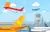 وکتور EPS لایه باز طرح گرافیکی چندین هواپیما در فرودگاه و در آسمان آبی پر از ابر 21915