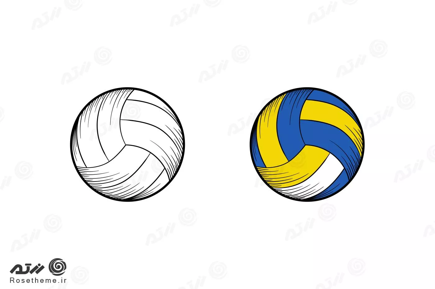 وکتور EPS والیبال شامل دو توپ والیبال یکی سیاه و سفید و دیگری زرد و آبی به صورت لایه باز 24411