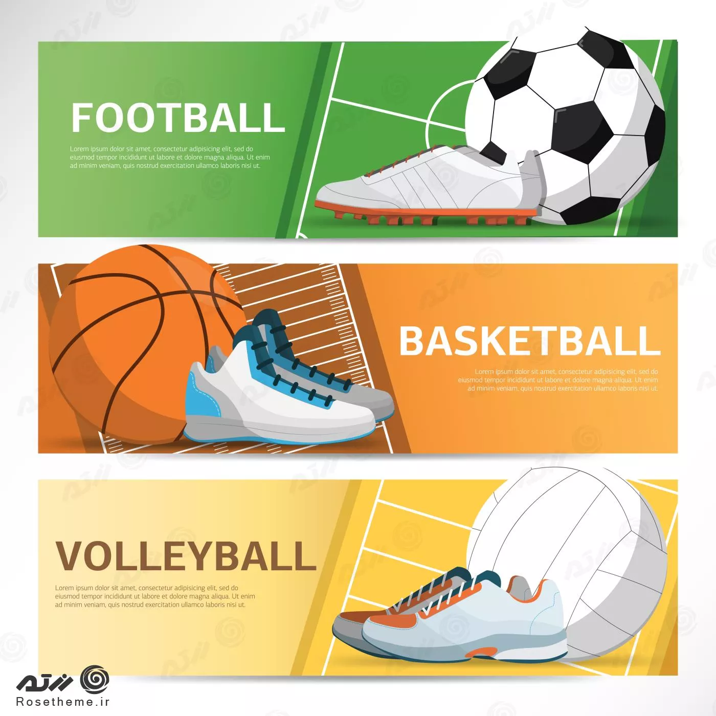 وکتور EPS والیبال شامل سه بنر یا پوستر افقی توپ والیبال و کفش به صورت لایه باز 24415